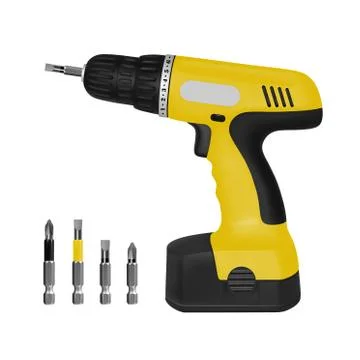 Wireless electric screwdriver in the vector.Bits for bolts and screws in vector. Stock Illustration