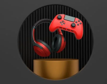 Wireless gaming controller and headphones displayed over podium on abstract Illustrazione stock