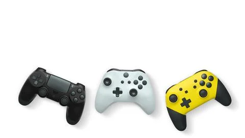 Wireless gaming controllers flying in air isolated on white background Stock Illustration