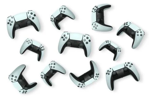Wireless gaming controllers flying in air isolated on white background with c Stock Illustration