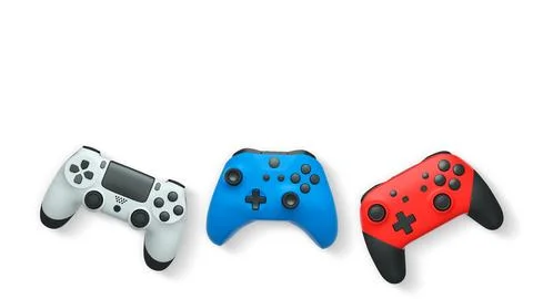 Wireless gaming controllers flying in air isolated on white background with c Stock Illustration