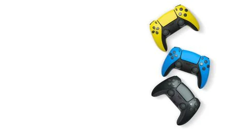 Wireless gaming controllers flying in air isolated on white background with c Stock Illustration