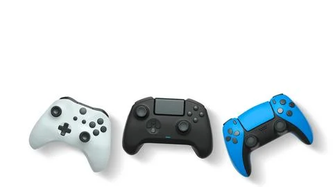 Wireless gaming controllers flying in air isolated on white background with c Stock Illustration