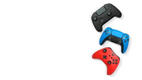 Wireless gaming controllers flying in air isolated on white background with c Stock Illustration