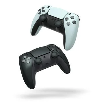 Wireless gaming controllers flying in air isolated on white background with c Stock Illustration