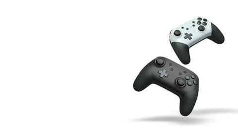 Wireless gaming controllers flying in air isolated on white background with c Stock Illustration