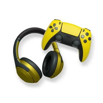 Wireless gaming headset and game controller isolated on white background with Illustrazione stock