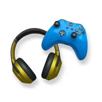 Wireless gaming headset and game controller isolated on white background with Illustrazione stock