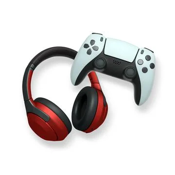 Wireless gaming headset and game controller isolated on white background with Illustrazione stock
