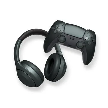 Wireless gaming headset and game controller isolated on white background with Illustrazione stock