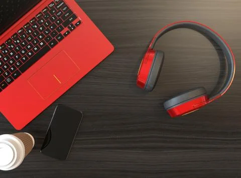 Wireless headphone and metallic red laptop computer on dark wooden table Stock Illustration