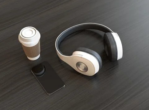 Wireless headphone and smart phone on dark wooden table Stock Illustration