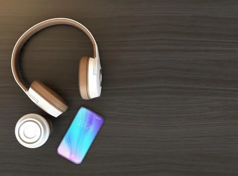 Wireless headphone and smart phone on dark wooden table Stock Illustration