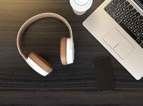 Wireless headphone, laptop PC on dark wooden table Stock Illustration