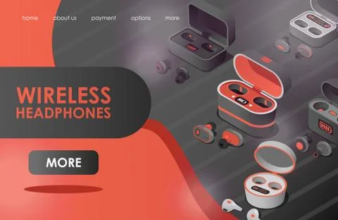 Wireless headphones vector flat landing page template. Different wireless Stock Illustration