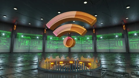 Wireless icon surrounded by data screens appears in the middle of hi-tech room Stock Footage 86874601