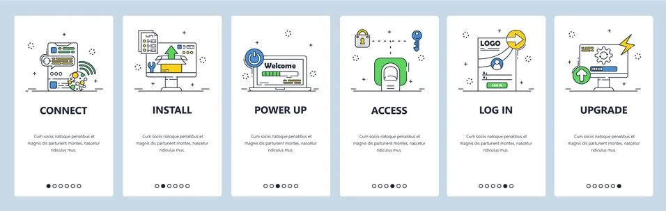 Wireless internet connection, file access and upgrade. Mobile app onboarding Stock Illustration