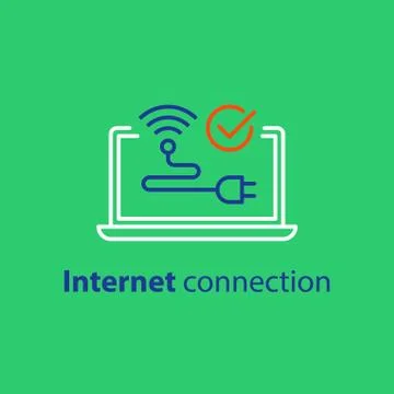 Wireless internet connection,  laptop computer, wi-fi sign,vector stroke icon Stock Illustration
