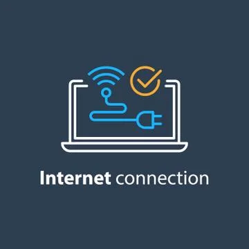 Wireless internet connection,  laptop computer, wi-fi sign,vector stroke icon Stock Illustration
