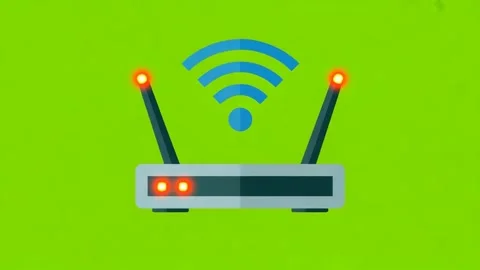 Wireless internet router with glowing red lights and blue wifi signal icon .. Stock Footage 320816540