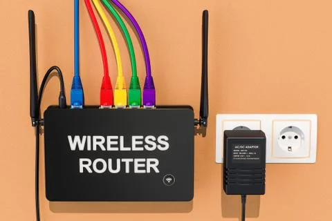 Wireless internet router on the wall with plug in the socket, 3D rendering Stock Illustration