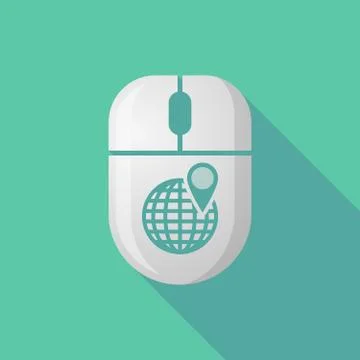 Wireless long shadow mouse icon with a world globe Stock Illustration