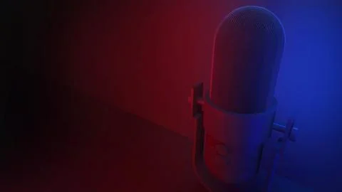 Wireless microphone placed on a table with a black background and red and b.. Stock Illustration