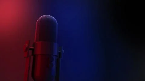 Wireless microphone placed on a table with a black background and red and b.. 스톡 일러스트