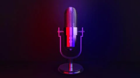 Wireless microphone placed on a table with a black background and red and b.. Stock Photos