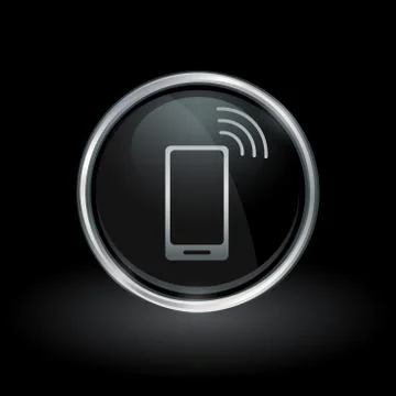 Wireless mobile smartphone icon inside round silver and black emblem Stock Illustration