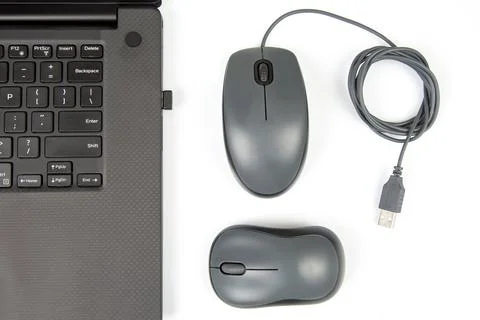 Wireless mouse and wired computer mouse in comparison. Electronic devices for Stock Photos