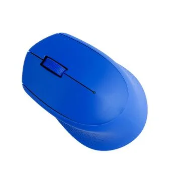 Wireless mouse blue on a white background. Isolated. Top View. Stock Photos