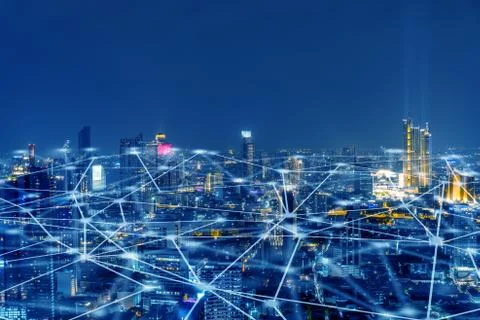 Wireless network, abstract line connection on night city background. Foto stock