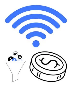 Wireless Network Concept with Funnel and Coin Representing Data Monetizatio.. Stock Illustration