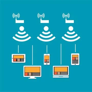 Wireless network connection concept. Wireless communication on devices. Devic Stock Illustration