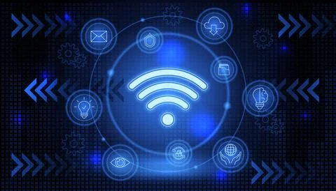 Wireless network. Icon Wi-Fi signal. Tech unit. Glow symbol. Data link online 스톡 일러스트