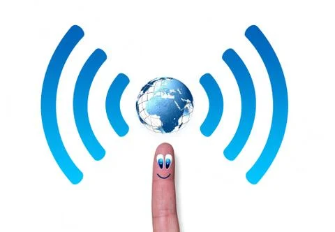 Wireless network symbol with earth on finger Stock Illustration