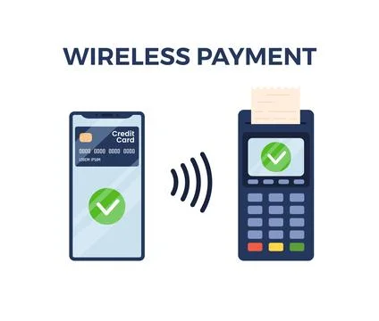 Wireless NFC payment system between smartphone and POS terminal, flat vector Stock Illustration