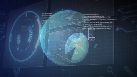 Wireless node pulsing, transparent globe rotating while icons fading and lines Stock Footage 333444598