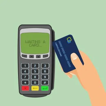 Wireless payment concept. Pos terminal is waiting for card and human hand hol Stock Illustration
