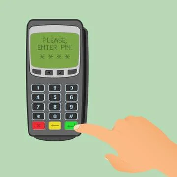 Wireless payment concept. Pos terminal is waiting for entering pin code and h Stock Illustration
