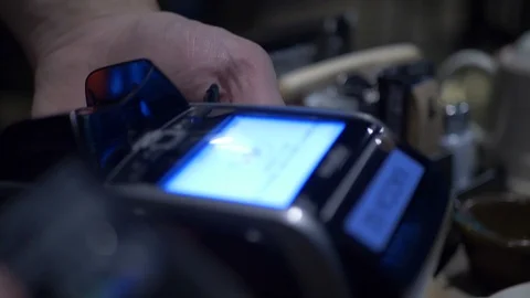 Wireless payment. Credit card payment terminal. Transfer payment. Woman paying Stock Footage 97307375