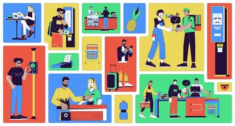 Wireless payment in everyday life bento grid illustration set Stock Illustration