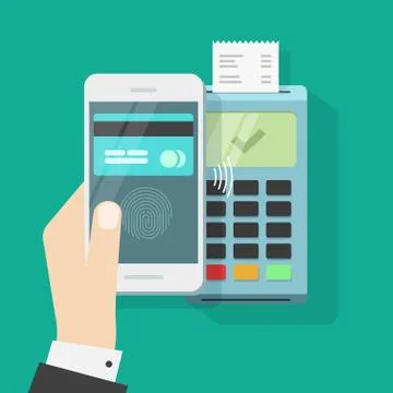 Wireless payment with mobile phone and terminal, smartphone contactless pay Stock Illustration