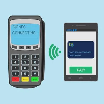 Wireless payment with nfc technology using a smartphone. Pos terminal is wait Stock Illustration