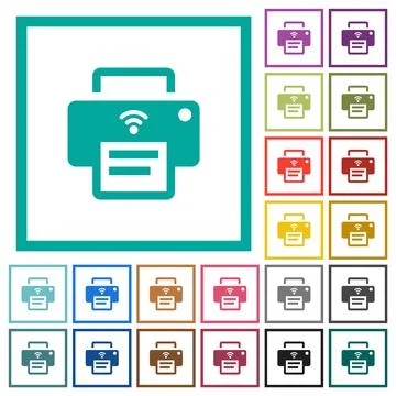Wireless printer flat color icons with quadrant frames Stock Illustration