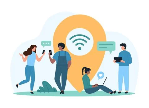 Wireless public network connection, access to hotspot zone, tiny people connect Stock Illustration