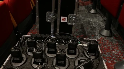 Wireless RF radio's, charging, event set-up Stock Footage 98685394