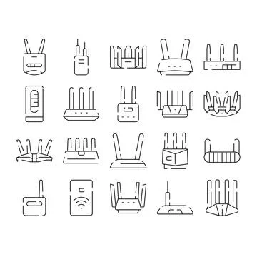 Wireless router and modem collection showcasing internet network hardware t.. 库存插图