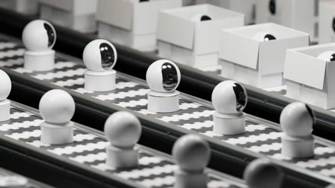 Wireless security cameras factory. Many electronics on a production line. Loop Stock Footage 202281480